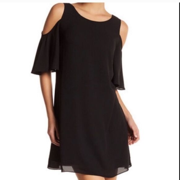 Chelsea 28 Black Flowy A Line Mini Dress Sheer Overlay Flared Sleeves Size S - Picture 2 of 7